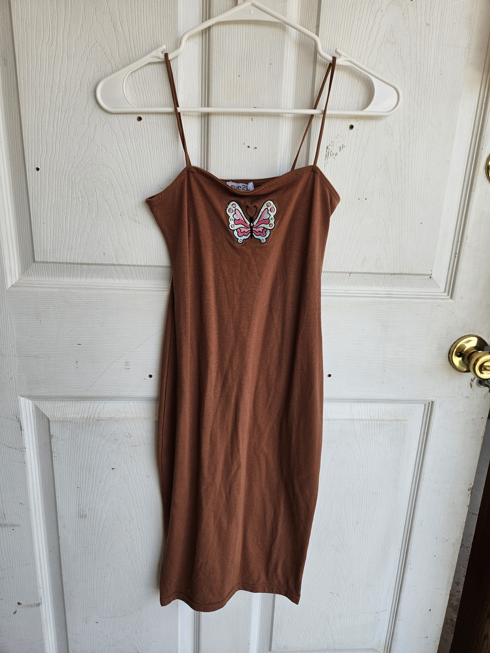 Rue21 Brown Midi Bodycon Spaghetti Strap Dress with Pink Butterfly Patch XS NWT